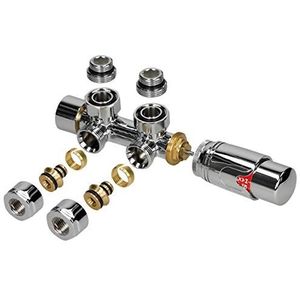 Ventil-Armaturen Set Multiblock Chrom Eckform inkl. Thermostatkopf für Badheizkörper mit Mittelanschluss - Anschlussgarnitur Heizkörper Eckausführung