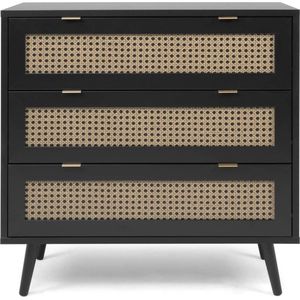 Kommode mit 3 Schubladen, schwarzem- und Rohrgeflecht Druck Villa - L80 x H80 x T40 cm