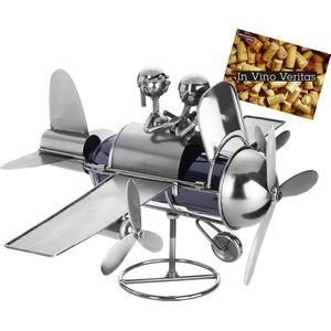 Brubaker Wijnflessenhouder, vliegtuig, piloot met piloot en copiloot, flessenstandaard, metaal, decoratief object met wenskaart voor wijncadeau