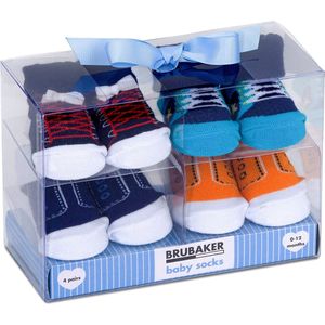 BRUBAKER 4 Paar Babysokken voor Jongens 0-12 Maanden - Babyshower - Cadeau - Baby Geschenkset voor Pasgeborenen in Geschenkverpakking met Strik - Coole Sokken Motieven