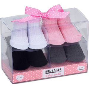 BRUBAKER 4 Paar Babysokken voor Meisjes 0-12 Maanden - Babyshower - Cadeau - Baby Geschenkset voor Pasgeborenen in Geschenkverpakking met Strik - Kabelbaansteek