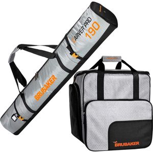 BRUBAKER Combi Set CarverTec Pro - Skitas en Skischoen Tas voor 1 paar ski's + stokken + schoenen + helm - Zilver Oranje