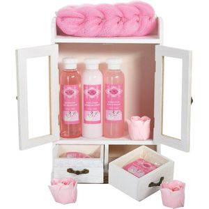 BRUBAKER Cosmetics - 10-delige bad- en verzorgingsset - kersenbloesems & rijstmelk - veganistisch - in vintage houtkastje wit - Cadeau