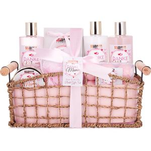Cadeauset - Rozen en Vanille - 13 Producten - Inclusief Badspons en Rieten Mandje