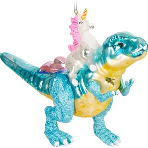 BRUBAKER Handgeschilderde Glazen Kerstbal - Grappig Motief - Handgeblazen Kerstboom Decoratie Figurines Grappige Deco Hanger - Boombal Kerstbal Kerst Decoratie - Eenhoorn op dinosaurus