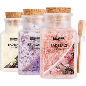 BRUBAKER Badzout set 3 x 400 g - Roos vanille en lavendel geur - Bad toevoeging met natuurlijke extracten - Wellness bad voor ontspanning en lichaamsverzorging - Moederdag cadeautje