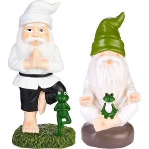 BRUBAKER Yoga Tuinkabouters Set Boompose en Kleermakerzit - Kabouters met Kikker - Sportieve Zen Tuinbeeldjes - Grappige Zen Decoratie Weerbestendig voor Tuin en Kamperen - Witte Buiten Decoratie