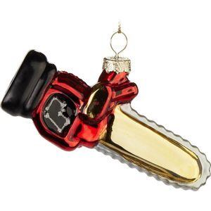 BRUBAKER Kettingzaag - Handbeschilderde Kerstbal van Glas - 11 cm Boombal Kettingzaag voor Houthakkers en Ambachtslieden - Mondgeblazen Kerstboomversiering - Rood, Goud en Zwart