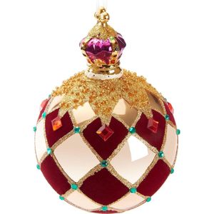 BRUBAKER Premium Kerstbal ""Royal King"" - Koninklijke Kerstbal Goudrood - Geruit met Fluweel, Glitters en Kroon - 14 cm Grote Glazen Kerstbal met Porseleinen Figuur - Kerstbal