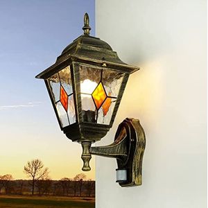 Grote Buitenlamp met Bewegingsmelder H:35cm Goud Antiek Glas E27 Tuinlamp Muur Huis Balkon Terras