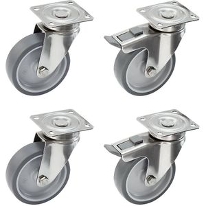 Proroll Set van thermoplastische rubberbanden, behuizing roestvast staal, montageplaat, 4 zwenkwielen, waarvan 2 met dubbele rem, wiel-Ø x -breedte = 125 x 32 mm