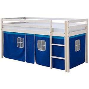Homestyle4u 519, kinderhoogslaper met ladder, gordijn blauw, massief grenen wit, 90x200 cm
