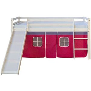 Homestyle4u 540, kinderbed 90x200 cm wit hout grenen kinderen hoogslaper met glijbaan gordijn roze