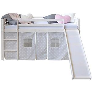 Homestyle4u 1884, hoogslaper met glijbaan trap wit grijs kinderbed 90x200 gordijn sterren bedframe hout grenen