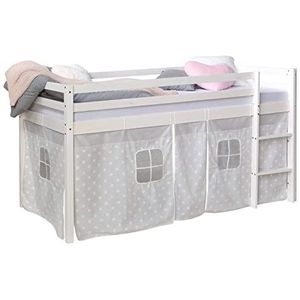 Homestyle4u 1888, kinderbed 90x200 wit hoogslaper met trap gordijn sterren bedframe hout grenen kinderkamer