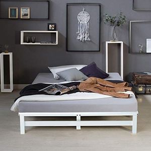 Homestyle4u 1966, houten bed palletbed 140x200 cm, bedframe met lattenbodem, wit, massief grenen