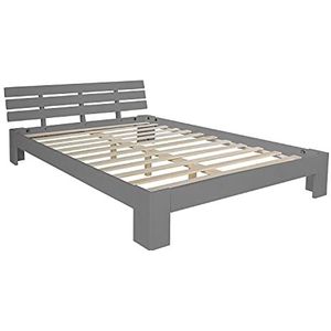 Homestyle4u Massief houten bed 160x200 met lattenbodem hoofdeinde grijs tweepersoonsbed bedframe hout grenen