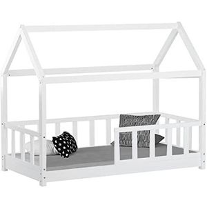 Homestyle4u 2048, kinderbed met lattenbodem, huisbed met valbeveiliging, 80 x 160 cm, wit, grenenhout