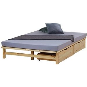 Homestyle4u 2286, houten bed palletbed 140x200 cm 2 laden bedframe met lattenbodem natuurlijk grenen massief hout