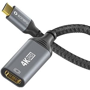 Sonero® 4K USB-C naar HDMI-adapter, HDMI bus naar USB-C stekker, 4K 60Hz, 18GB/s, katoenen mantel, grijs/zwart, 0,10 meter