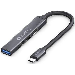 Sonero USB-hub, USB-distributeur, 4-poorts, 1 x USB 3.2 met 5 GB/s, 3 x USB 2.0 met 480 MB/s, USB-C-stekker, ultradun, spacegrijs, 0,50 m S-UH110-005