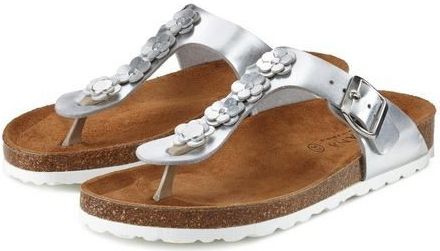 LASCANA Sandale, Pantolette, offener Schuh, Sommerschuh, Zehentrenner mit modischer Applikation und Komfortkorkfußbett aus Leder