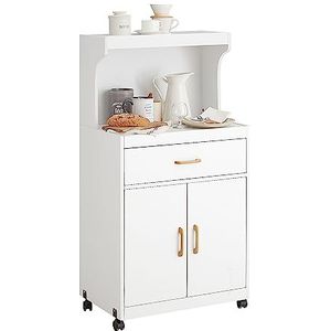SoBuy Keukenkast op Wieltjes, Magnetronkast met Opslagruimte en Lade, Keukenwagen, Multifunctioneel Keukeneiland van Hout, Wit, 62x119x40cm, FSB12-W