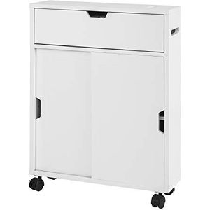 SoBuy BZR31-W Badkamertrolley Opbergruimte Badkamermeubel Badkamerkast met 2 Schuifdeuren en 1 Klep Ladekast voor de Badkamer Wit 52x67x17cm