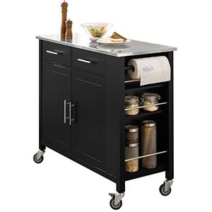 SoBuy Rolling Trolley Keuken Trolley Opbergkast op Wielen Multifunctioneel Buffet met Zijplank, Deuren en Lades RVS Lade, 107x46x94 cm, FKW108-SCH