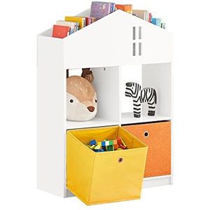 SoBuy Kinderopberger voor Boeken en Speelgoed, Boekenplank voor Kinderen, Mini-Huisvormige Boekenkast voor Kinderkamer, 2 Manden, 65x27x91 cm, KMB49-W