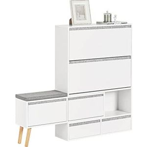 SoBuy Schoenenkast, Schoenen Opbergkast, Schoenenrek, Schoenencommode Hout met 1 Verrijdbaar Schoenenbank, Schoenkist met 2 Kleppen, 2 Deuren, 2 Lades en 1 Zitkussen, (124-92) x 24 x 115 cm, Wit, FSR134-W