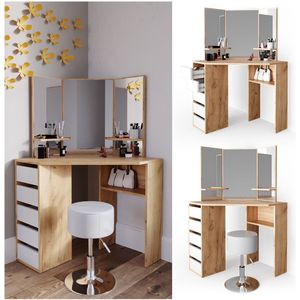 Vicco Arielle Hoek kaptafel – 110 cm met krukje Krachtige eik goud met krukje