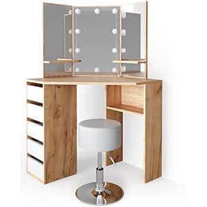 Vicco Hoek kaptafel Arielle, Krachtige eik goud/Wit, cm met LED-verlichting en kruk