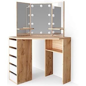 Vicco Hoek kaptafel Arielle, Krachtige eik goud/Wit, 110 cm met LED-verlichting