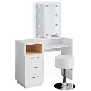 Vicco Make-uptafel set met kruk ""Beatrice"", Wit/Eiken, 100 cm met LED-verlichting en kruk