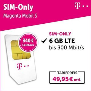 Telekom Magenta Mobil S 6GB LTE Max met maximaal 300 Mbit/s SIM-kaart + € 340 Cashback [Amazon EXCLUSIEF]