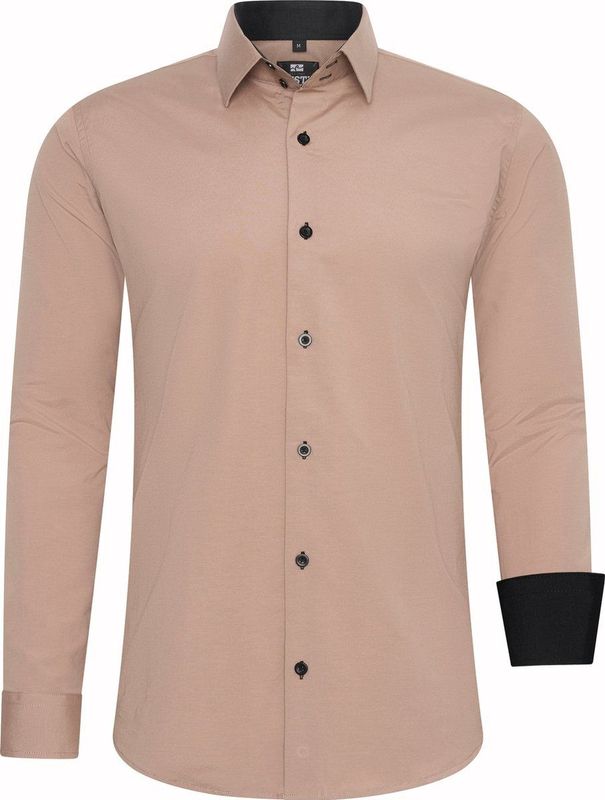Rusty Neal - Overhemd Uni - Overhemd - Beige - Slim Fit - Katoen, Polyester, Elastaan