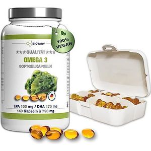 Omega 3 veganistisch uit algenolie 140 softgelcapsules, hoge dosis, ca. 3 maanden voorraad, inclusief pillendoosje, laboratorium getest, met EPA + DHA + vitamine E, hoge biologische beschikbaarheid, premium kwaliteit (140)