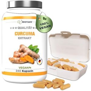 Curcuma-extract, 240 capsules, curcuminegehalte per dagelijkse portie komt overeen met 17.500 mg kurkuma, 4 maanden voorraad, inclusief pillendoos, hooggedoseerd 98%, veganistisch, laboratoriumgetest