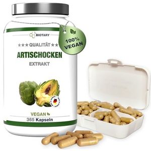 Artisjokextract | 365 capsules | 30:1 extract (=72.000 mg artisjok) | 5% cynarine (120 mg) | 2400 mg dagelijkse portie | inclusief pillendoosje | veganistisch