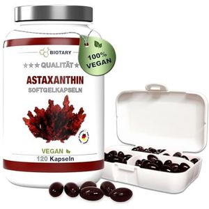 Astaxanthine 12 mg, 120 softgel-capsules, 8 maanden voorraad, inclusief pillendoos met vitamine E, hoge biologische beschikbaarheid, Haematococcus pluvialis, superantioxidant