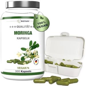 BIOTARY Moringa Oleifera 300 capsules 1800 mg hoge dosis 3-4 maanden voorraad inclusief pillendoosje hoge dosis 100% veganistisch puur plantaardig laboratorium getest in Duitsland geproduceerd