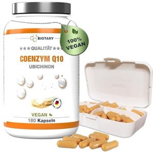 Coenzyme Q10, 6 maanden voorraad, 180 capsules 200 mg, incl. pillendoosje, hoog gedoseerde capsules, met vitamine C, B3, B7, zwarte peper, veganistisch, hoge biologische beschikbaarheid, Q10 ubiquinol ubiquinone