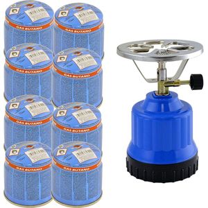 TronicXL Gaskooktoestel, campingkooktoestel, 1 lichtpunt, aluminium branders + 8 x cartridges gasfles butaan-set