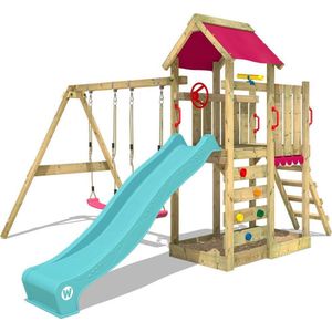 WICKEY speeltoestel klimtoestel MultiFlyer met schommel en turquoise glijbaan, outdoor kinderspeeltoestel met zandbak, ladder & speelaccessoires voor de tuin