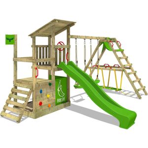 FATMOOSE speeltoestel klimtoestel FruityForest Fun XXL met surfaanbouw, schommel en appelgroene glijbaan, outdoor kinderspeeltoestel met zandbak, ladder & speelaccessoires voor de tuin