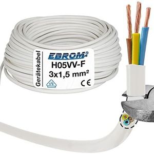EBROM H05VV-F Ronde kunststof kabel, netsnoer, apparaatkabel H05VV-F 3 x 1,5 mm² 3G1,5 mm². Kleur: wit. Meerdere lengtes in stappen van 5 meter tot 150 meter, je