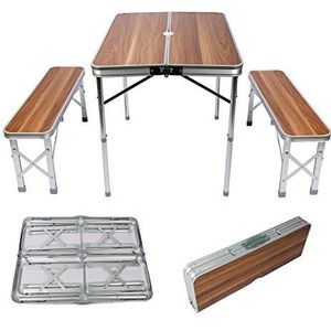 Opvouwbare campingtafel van aluminium met 2 banken in houten design 90x66x70 cm