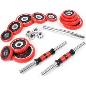 Halterset 20kg 2in1 dumbbell en barbell met 12 halterschijven, kleur rood. Geleverd in handige opbergkoffer - Multistrobe