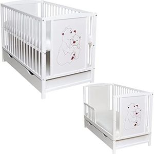 Dedstore-Baby Babybed, in hoogte verstelbaar, met matras van 120 x 60 cm, inclusief hoeslaken, bijzetbed, wit met beermotief